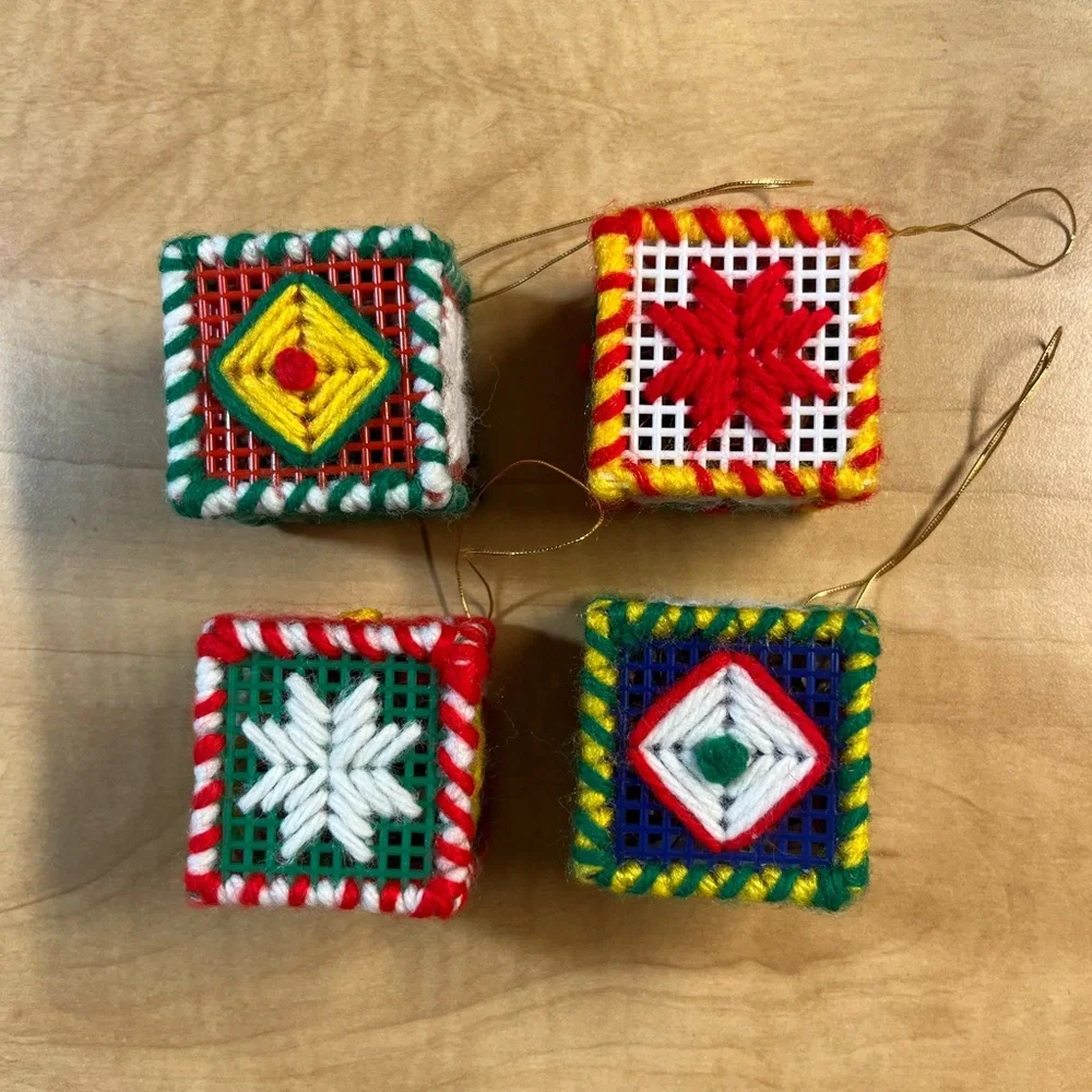 4 Vintage Handmade Plastic Canvas Christmas Block Ornaments
